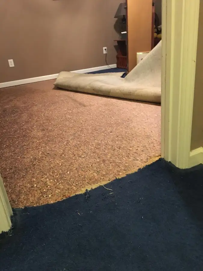 Carpet pad removal revealing water damage during Drying & Dehumidification in PiÃ±on Hills